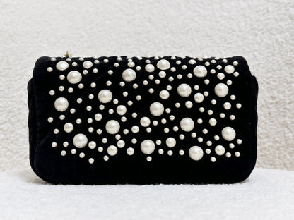 Chanel 2022 Mini Flap Bag in Black Velvet with Pearls and Gold Hardware