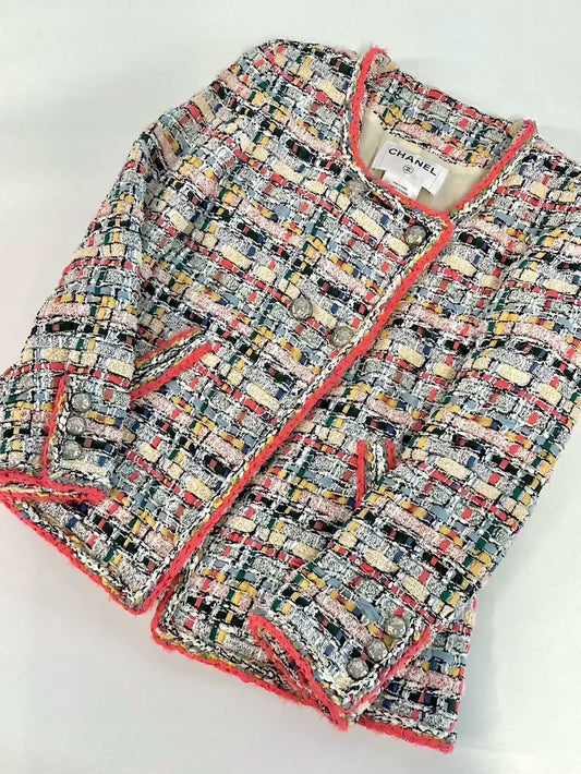 Chanel 15P Orange-Red Trim Colorful Mosaic Tweed jacket