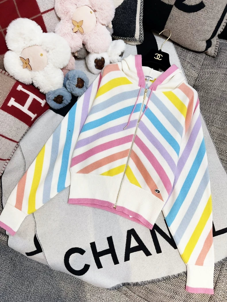 Chanel 19C Rainbow Striped Zip-Up Hooded Jacket