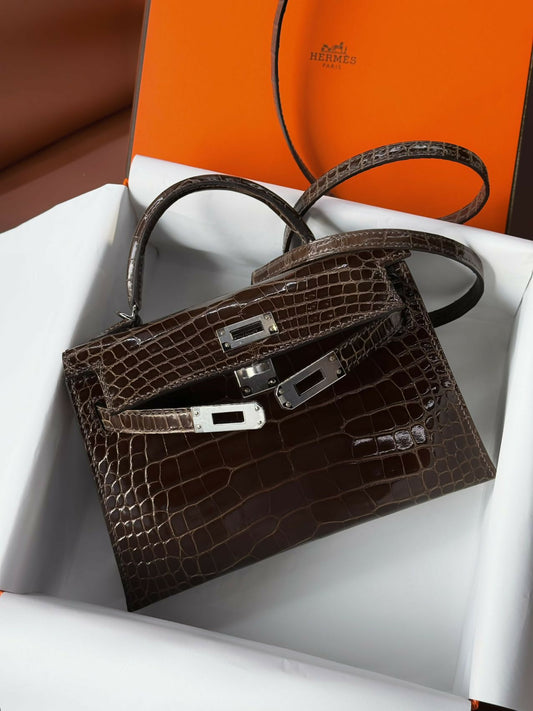 Hermès Mini Kelly 20 Étain (8C) Shiny Alligator with Palladium Hardware