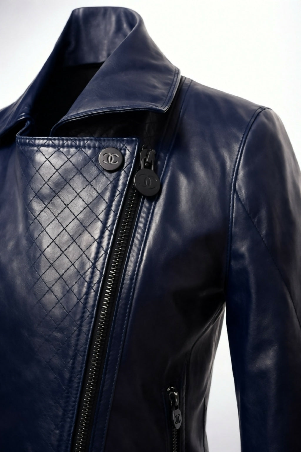 Chanel 12P Dark Blue Petrol Quilted Leather Biker Jacket FR 36