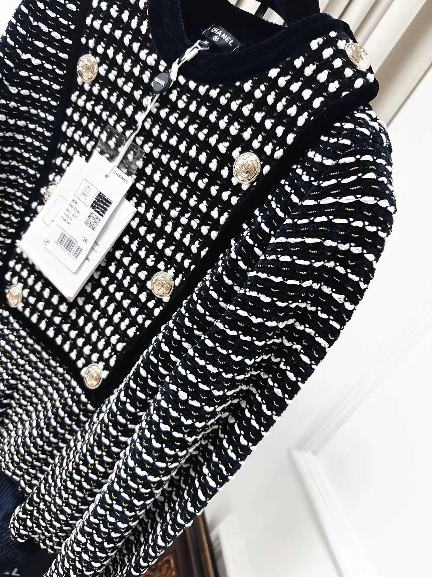 Chanel 20K Black and White Striped Velvet Sweater