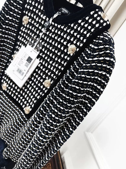 Chanel 20K Black and White Striped Velvet Sweater