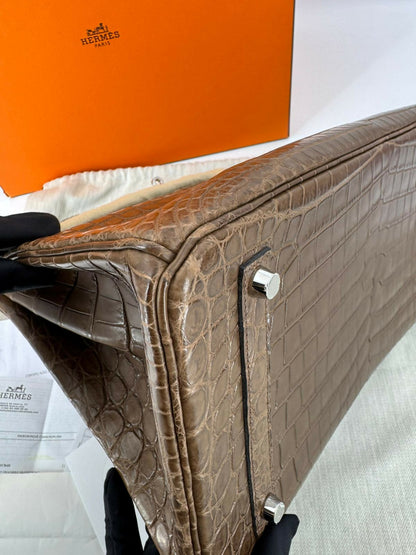 Hermès Birkin 35 Gris Éléphant Matte Niloticus Crocodile with Palladium hardware