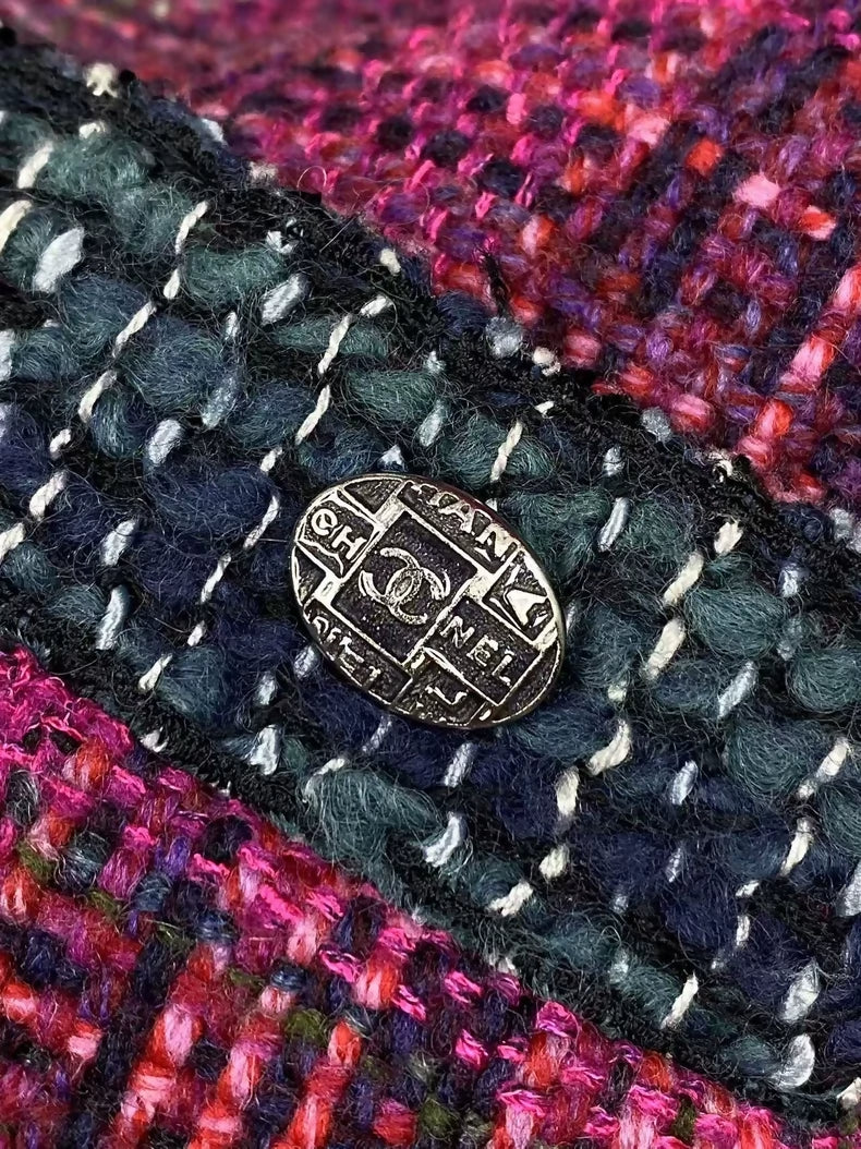 Chanel 18B Rose Red and Plaid Tweed Jacket