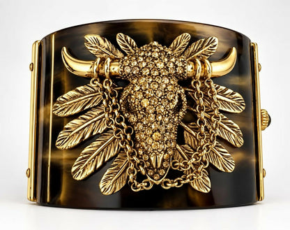 Vintage Roberto Cavalli Brown Western BullHead Chain Bracelet Cuff