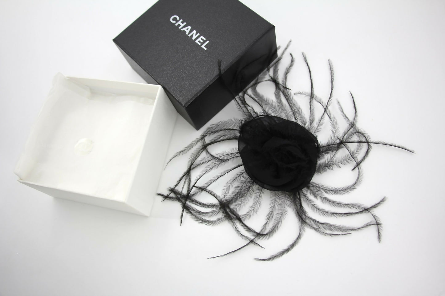 Chanel Vintage 81-85 Tulle Feather Black Camellia Silk Brooch