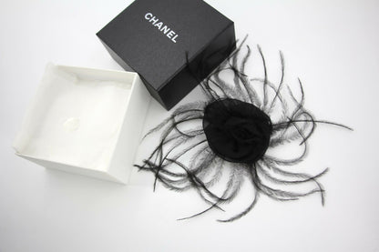 Chanel Vintage 81-85 Tulle Feather Black Camellia Silk Brooch