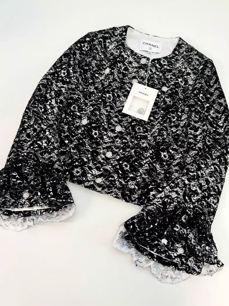 Chanel 25A black white Camellia lace jacket