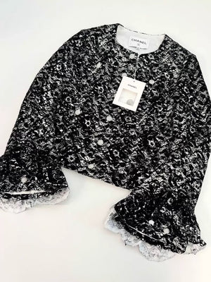 Chanel 25A black white Camellia lace jacket