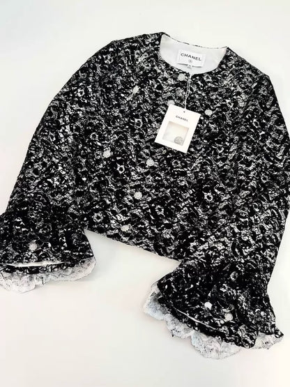 Chanel 25A black white Camellia lace jacket