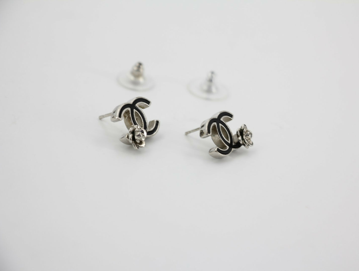 Chanel Vintage 07P Metal Black and Silver Camellia Stud Earrings