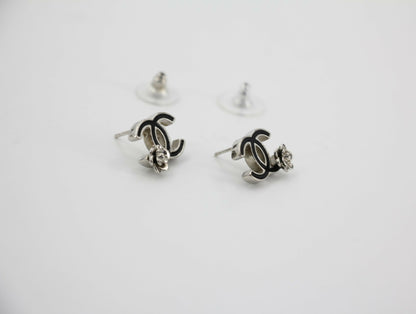 Chanel Vintage 07P Metal Black and Silver Camellia Stud Earrings