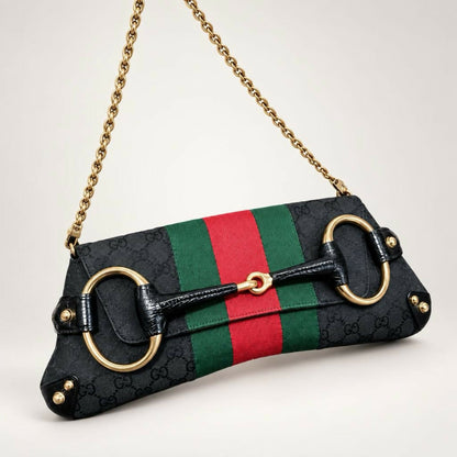 Gucci Large 1955 Tom Ford Classic Black Red Green GG Monogram Horsebit Clutch Handbag Gold hardware