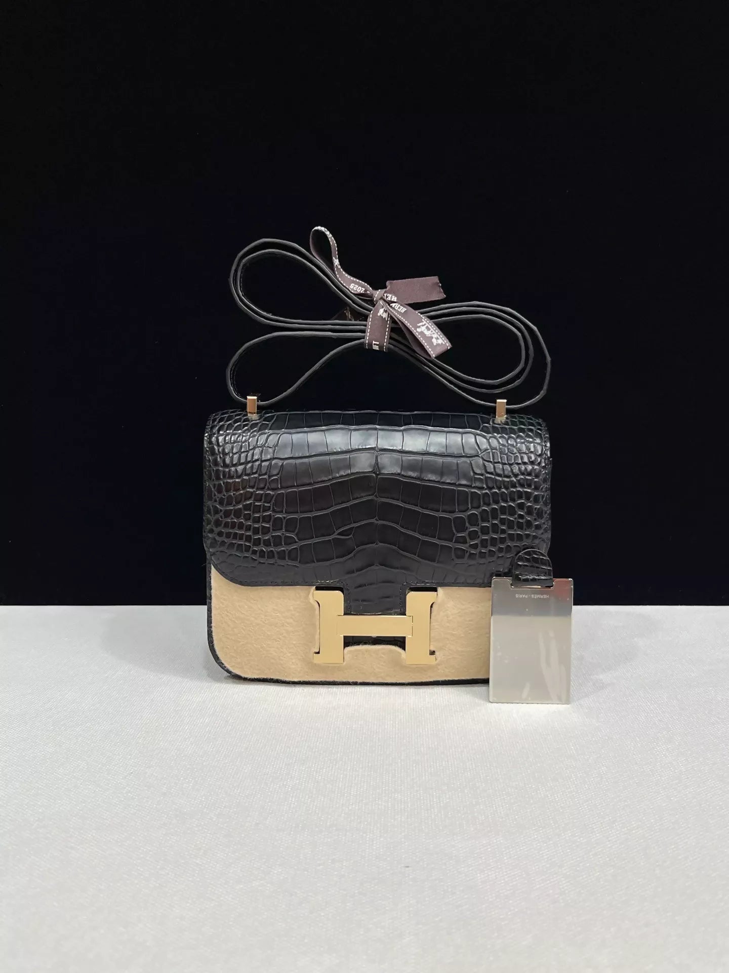 Hermes Constance 19 black matte alligator leather light gold hardware