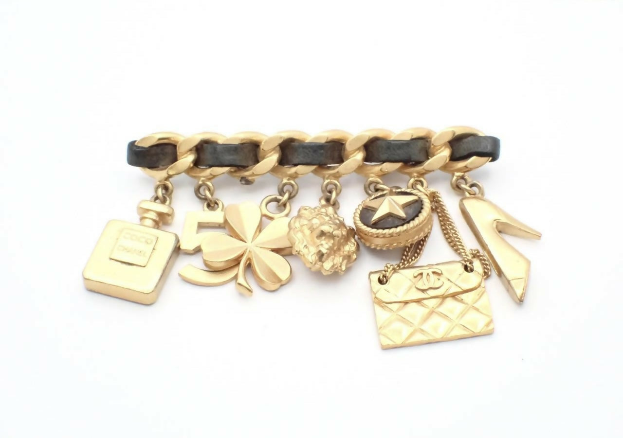 Chanel Vintage 96P Gold Plated & Leather Perfume Bottle Shoe Camellia Quilted Bag Charm Brooch