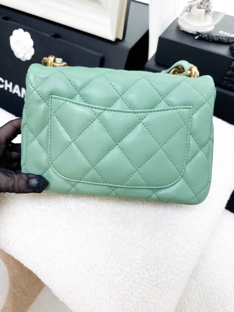 Chanel 23P mint green square chunky shoulder bag with chunky chain strap