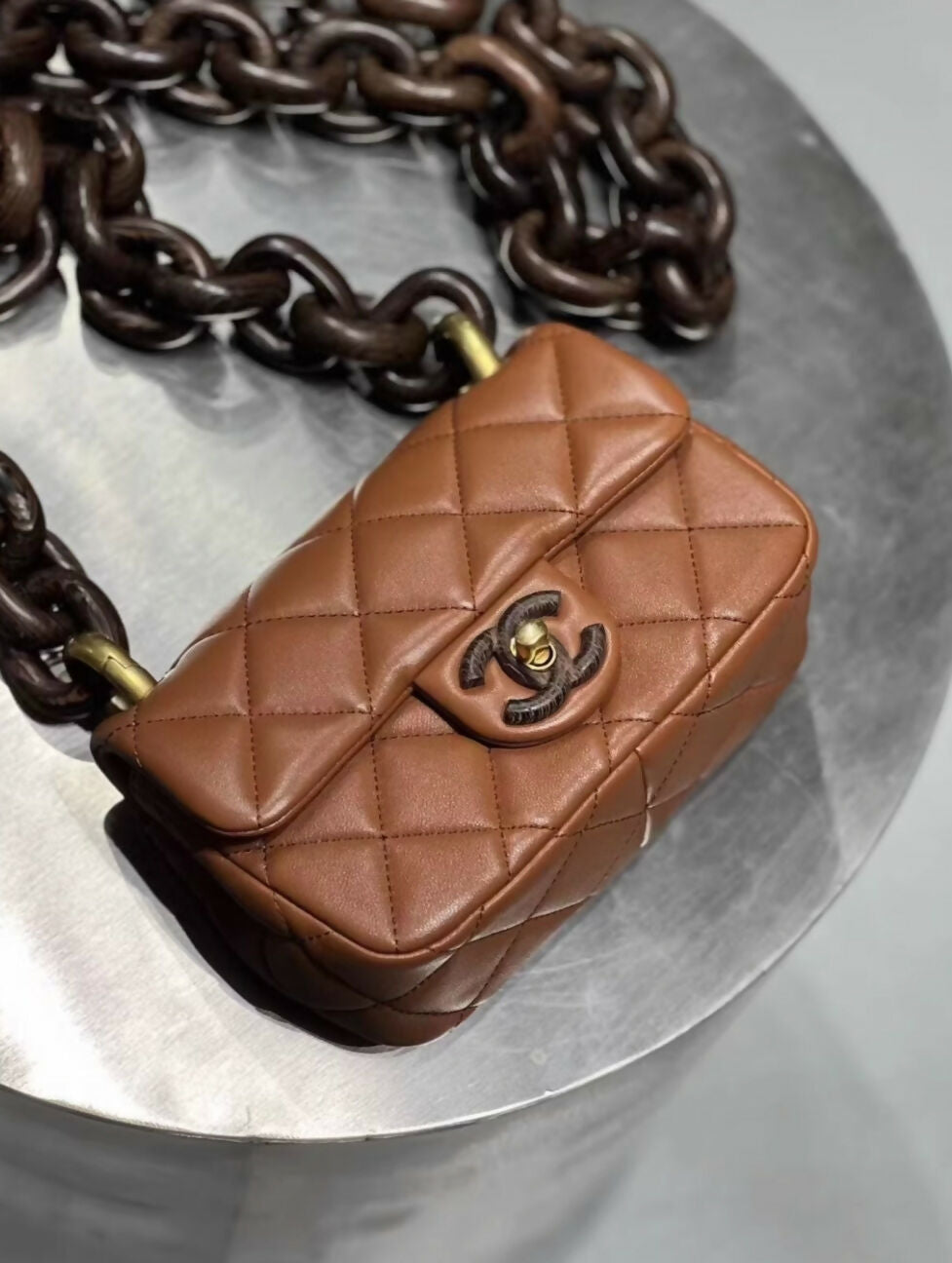 CHANEL 23A BROWN leather WOOD hardware MINI RECTANGULAR FLAP BAG