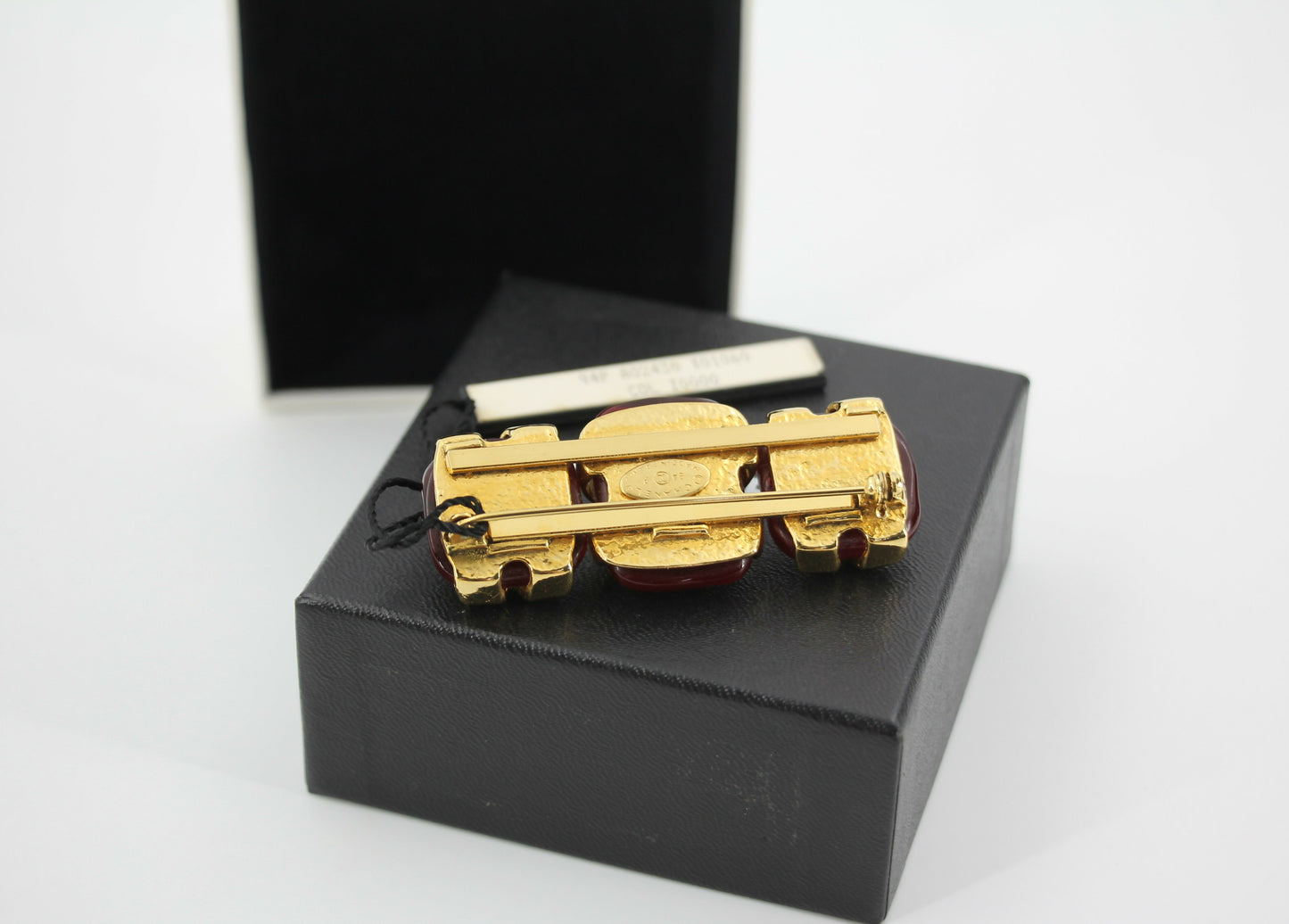 Chanel Vintage 94P Gripoix Red CC Gold Plated Rectangular Cross Brooch