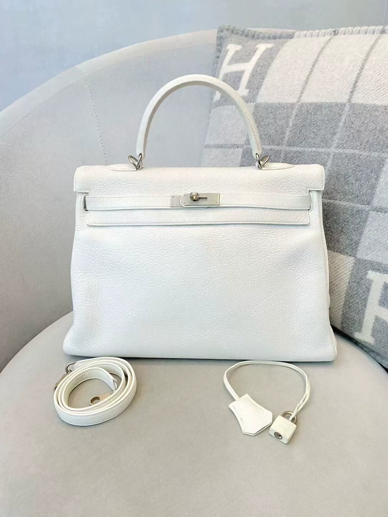 Hermes Kelly 35 01 pure white togo leather brushed palladium hardware