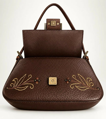 Fendi Limited Edition Dark Brown Leather Lizard Embroidered Mini Mamma Baguette Bag