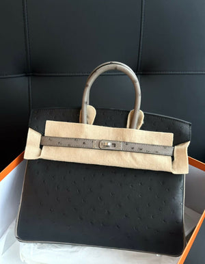 Hermès Birkin 25 Special Order (HSS) Noir / Black & Gris Tourterelle Ostrich Leather with Brushed Palladium Hardware