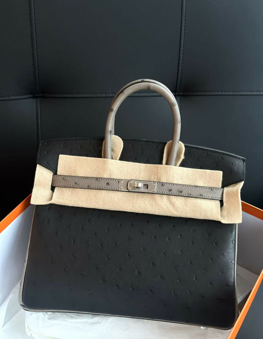 Hermès Birkin 25 Special Order (HSS) Noir / Black & Gris Tourterelle Ostrich Leather with Brushed Palladium Hardware