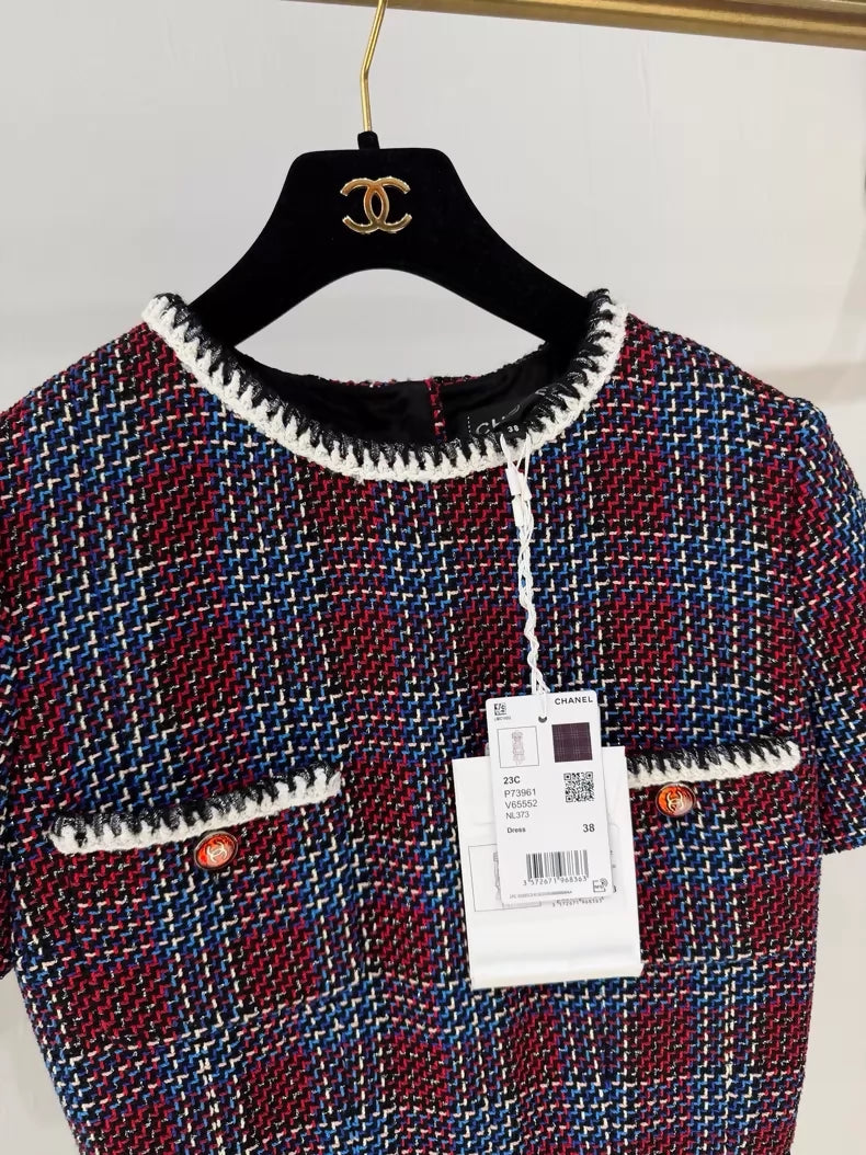 Chanel 23C black, Red and Blue Lace Bow Dress