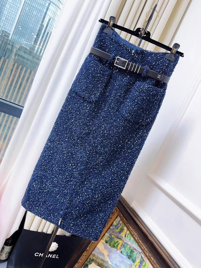 Chanel 17k Deep Blue Glam Skirt with Belt