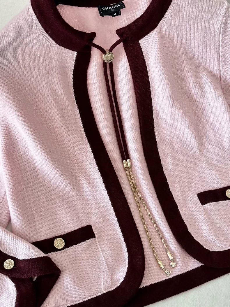 Chanel 25A Pink and Burgundy Cashmere Chain Cardigan