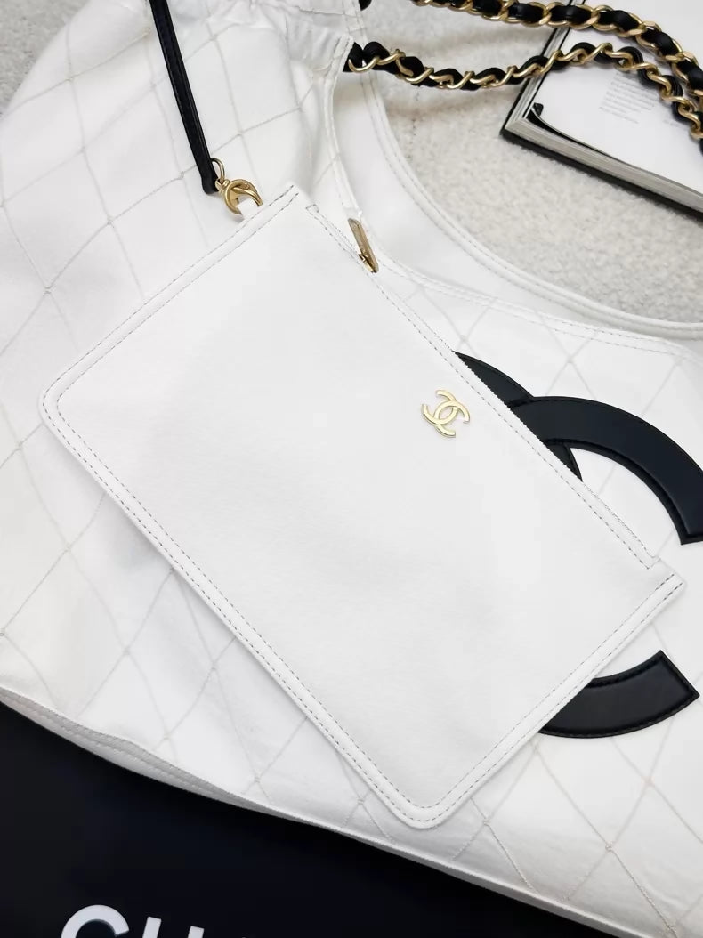 Chanel 26M black and white denim tote bag with double C logo