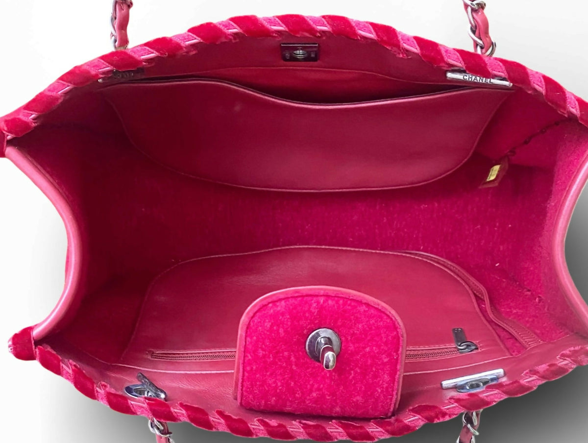 Chanel 13A Edinburgh Raspberry Red Medium Wool Quilted Shopping Tote Bag
