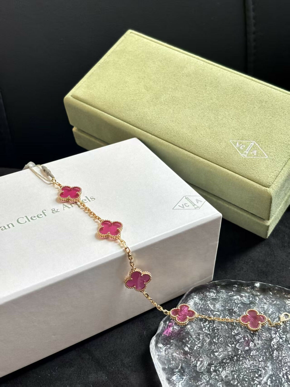 Van Cleef & Arpels Vintage Alhambra 5-Motif Bracelet Translucent Pink Enamel with Rose Gold / Yellow Gold Hardware