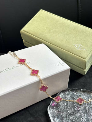 Van Cleef & Arpels Vintage Alhambra 5-Motif Bracelet Translucent Pink Enamel with Rose Gold / Yellow Gold Hardware