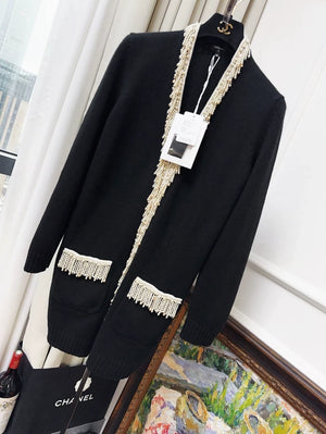Chanel 21K black mid-length cashmere knit cardigan