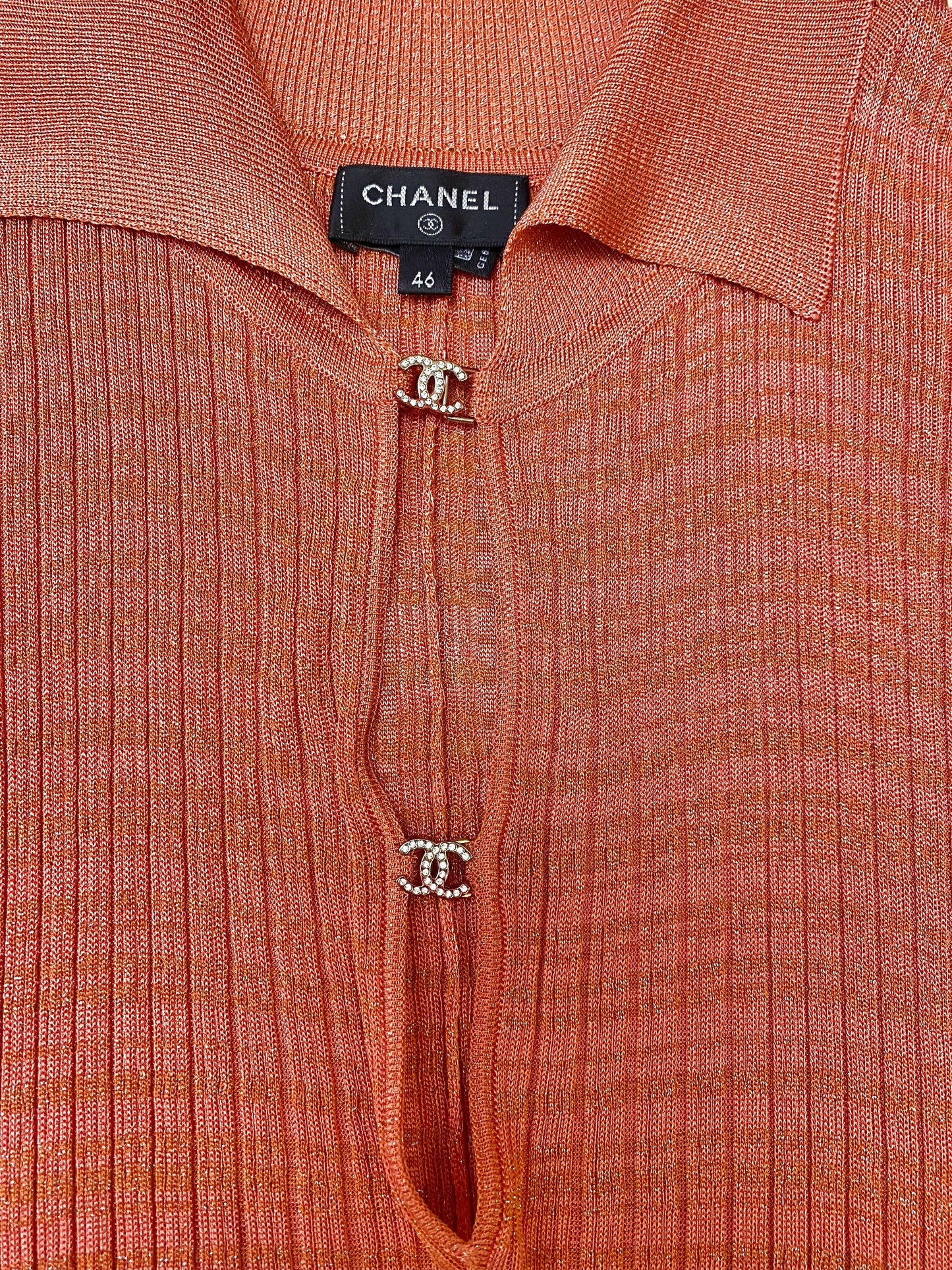 CHANEL 22P PINK CORAL ORANGE RIBBED METALLIC LUREX COLLARED MAXI DRESS FR 46