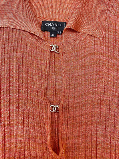 CHANEL 22P PINK CORAL ORANGE RIBBED METALLIC LUREX COLLARED MAXI DRESS FR 46