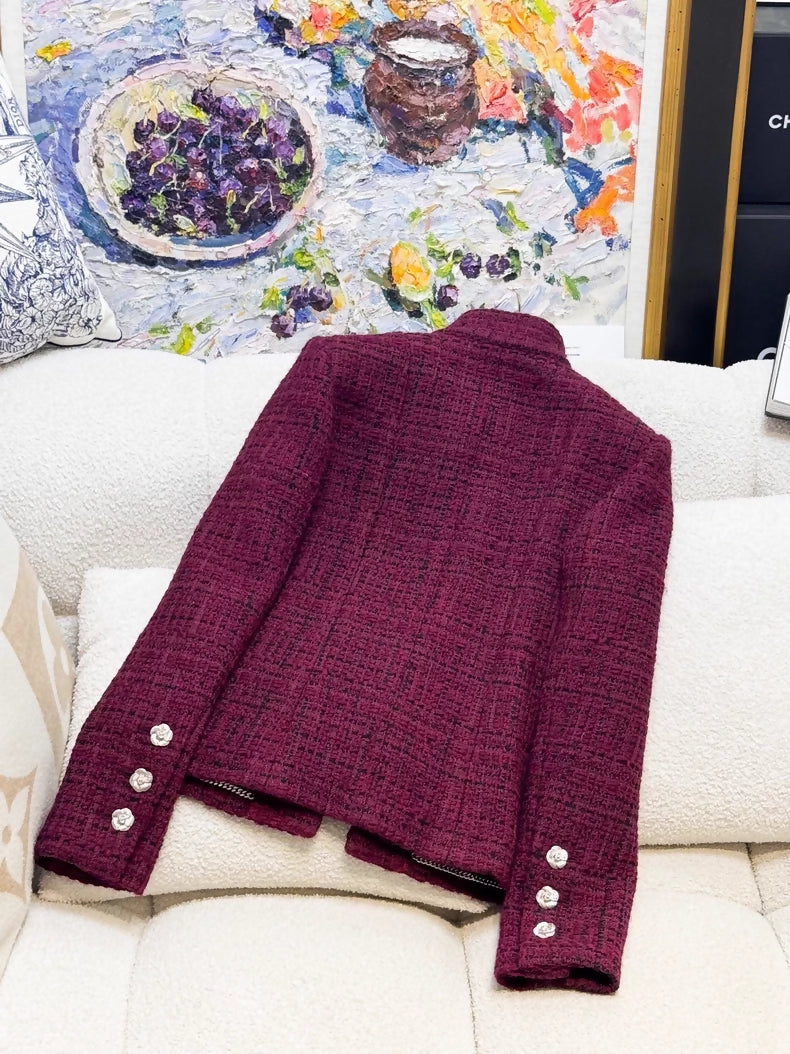 Chanel 23k Burgundy Wool Tweed Turtleneck Jacket with skirt set