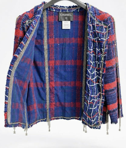 RARE CHANEL 08P RUNWAY BLUE RED GOLD CC MULTI CHAINS TWEED JACKET FR 44
