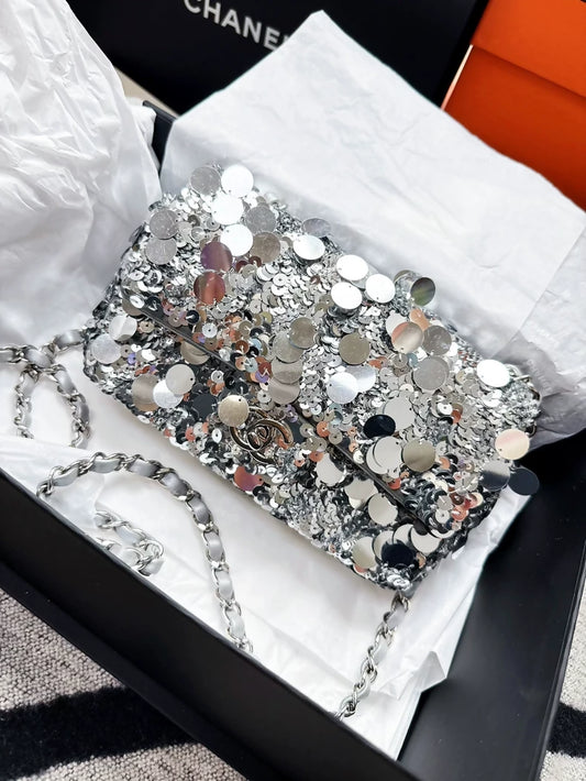 Chanel 22B Silver Sequin CF Mini Chain Shoulder Bag