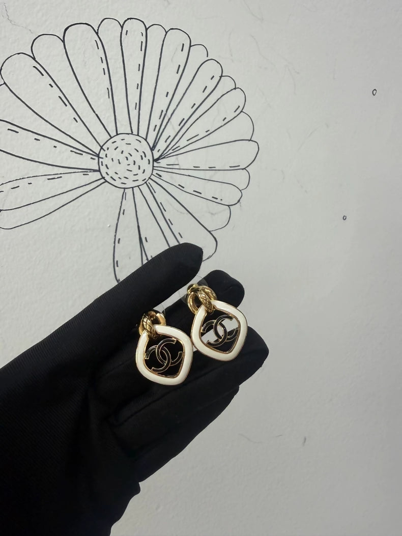 Chanel 22S Gold and Black & White Resin Double C Diamond Earrings