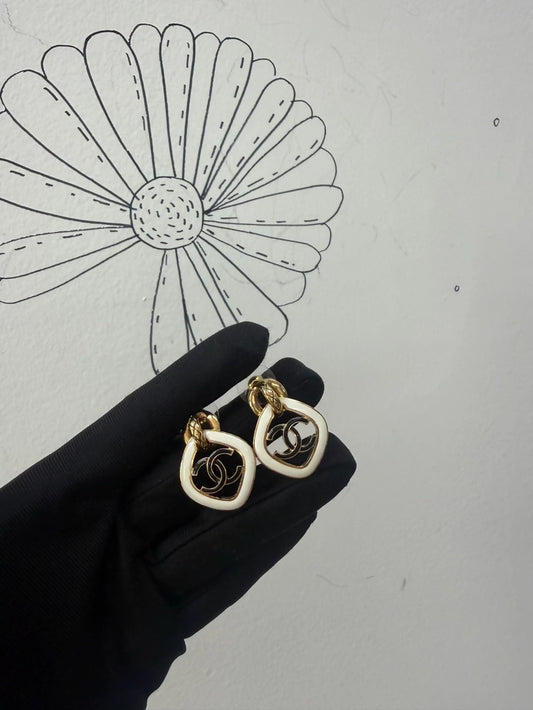 Chanel 22S Gold and Black & White Resin Double C Diamond Earrings