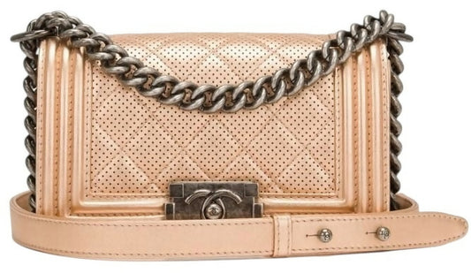 Chanel 15C Paris Dubai Rose Gold Metallic Calfskin Perforated Small Boy Flap Bag