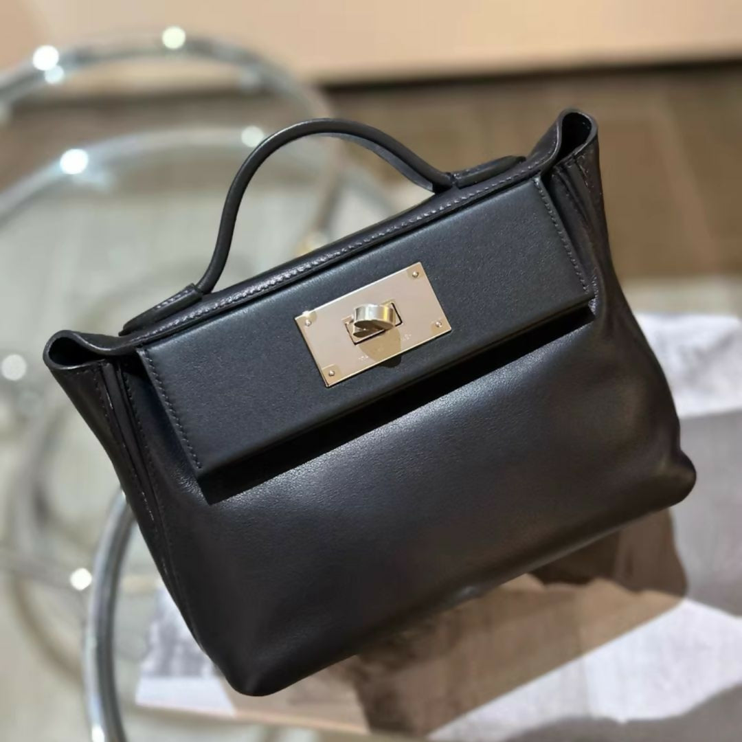 HERMES MINI 24/24 BAG VOLUPTO BLACK LEATHER PALLADIUM HARDWARE