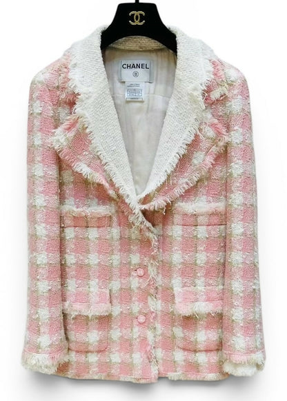 Chanel 04C Pink White Cream Fringe Tweed Checker Jacket FR 42