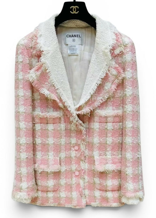 Chanel 04C Pink White Cream Fringe Tweed Checker Jacket FR 42