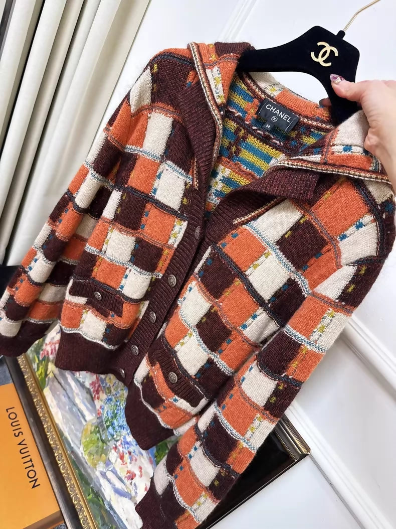 Chanel 18c Khaki and Orange Check cardigan