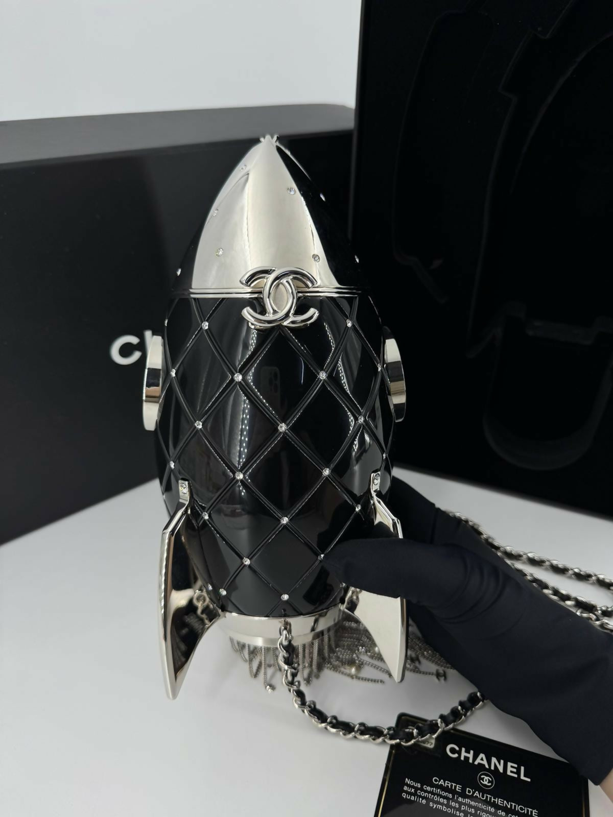 Chanel 2017 Plexiglass and Rhinestone Limited Edition Black Rocket Ship Minaudière Bag