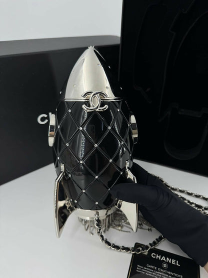 Chanel 2017 Plexiglass and Rhinestone Limited Edition Black Rocket Ship Minaudière Bag