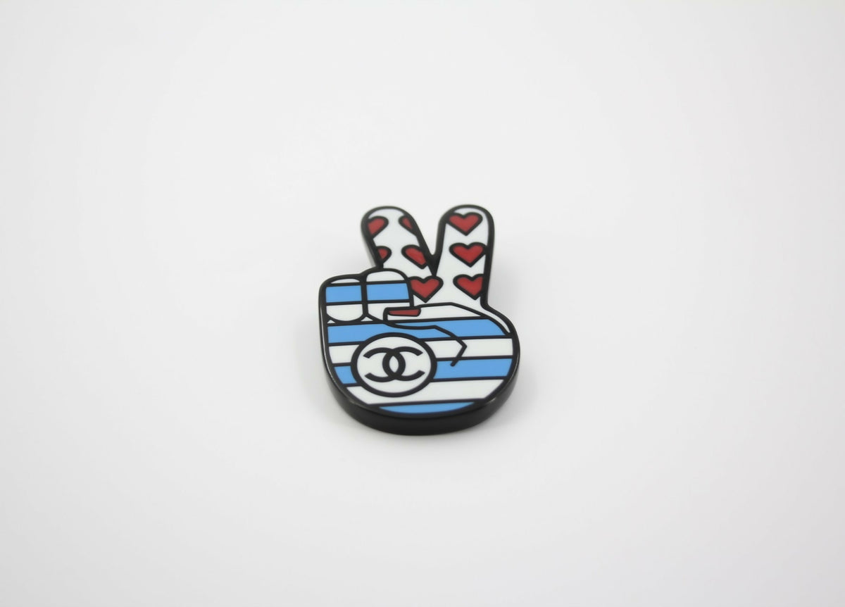Chanel 16K Resin F "Victory Sign" Brooch in Blue White and Red
